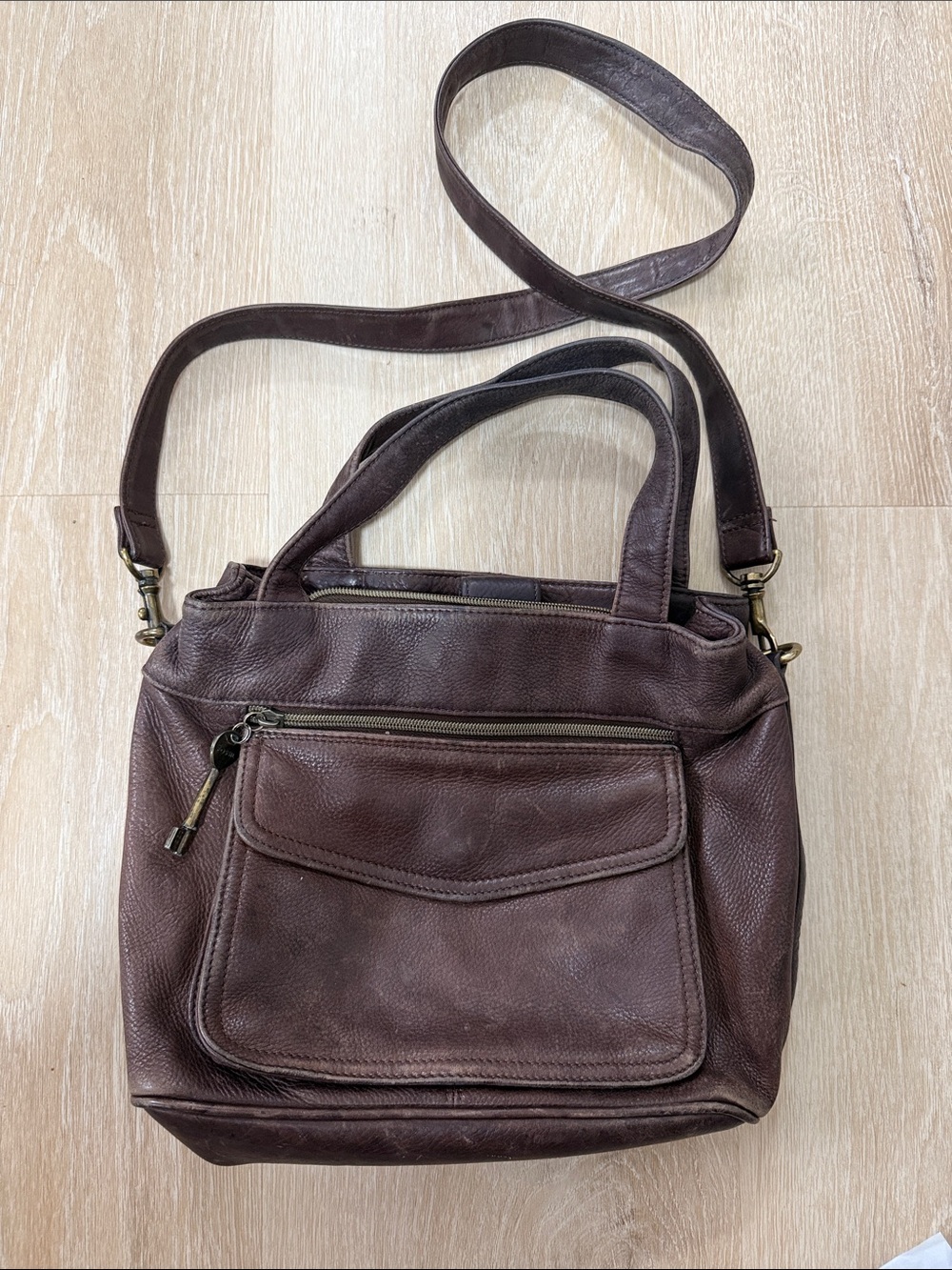 Fossil Dark Brown Leather Shoulder Bag with Front Pocket